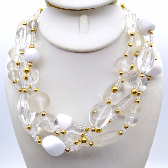 Liz Claiborne Lucite Beaded Necklace Multi Strand Choker, Clear Frosted White - Picture 1 of 4